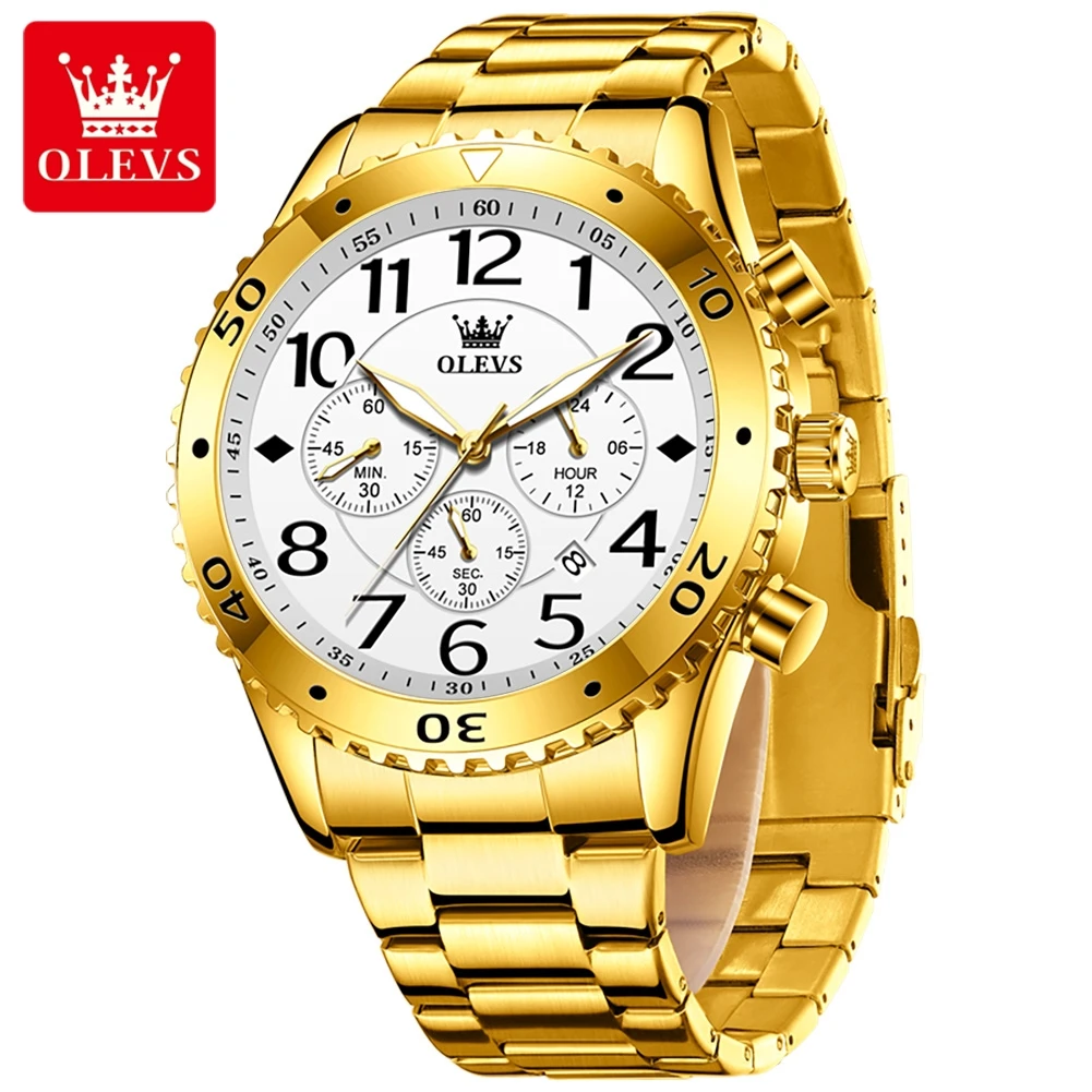 OLEVS Men's Watches Large Arabic Numerals Dial Original Wristwatch for Man Chronograph 24 Hour Date Waterproof Luminous