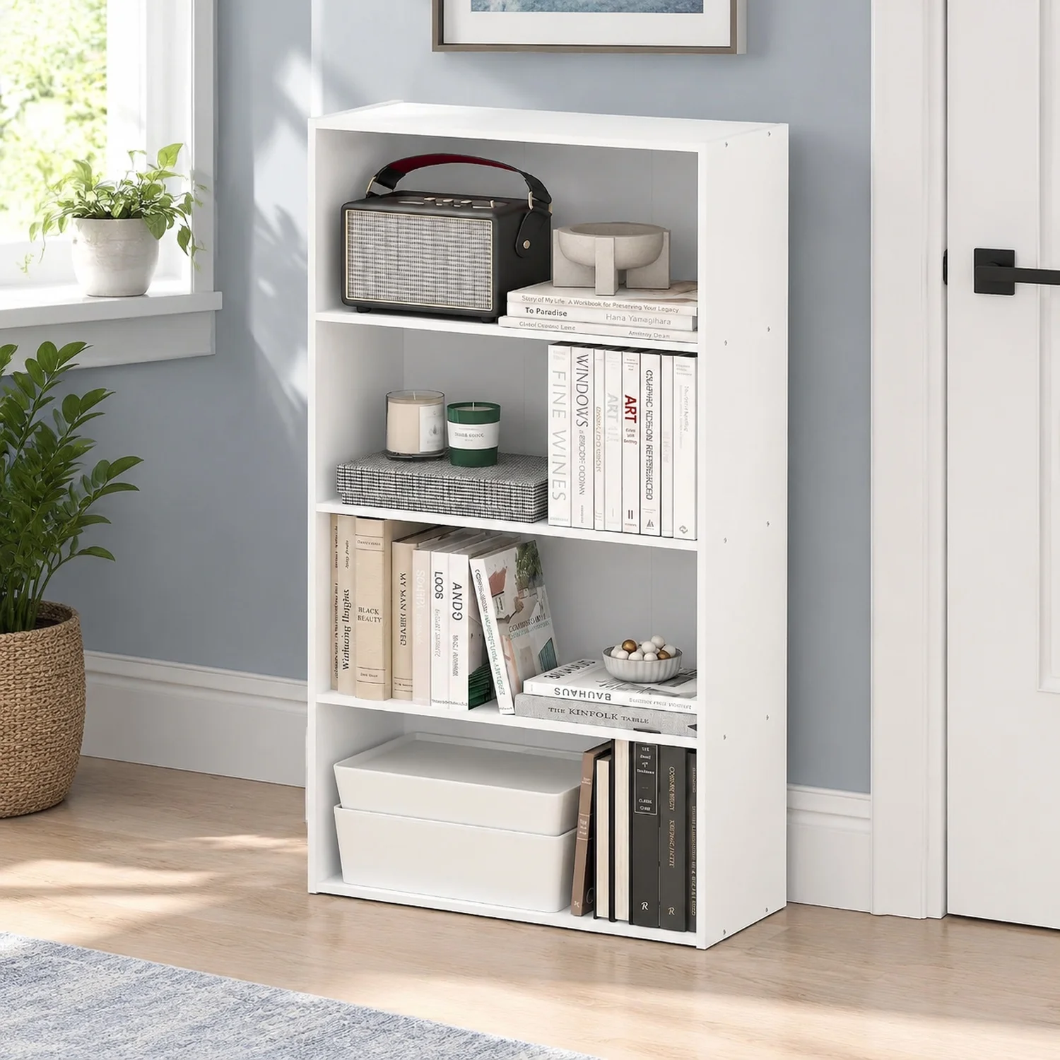 PASIR Book Shelf, 4-Tier Bookshelf, Bookcase with Open, 9.4 x 23.6 x 41.7, for Living Room, Bedroom, Home Office, Plain White