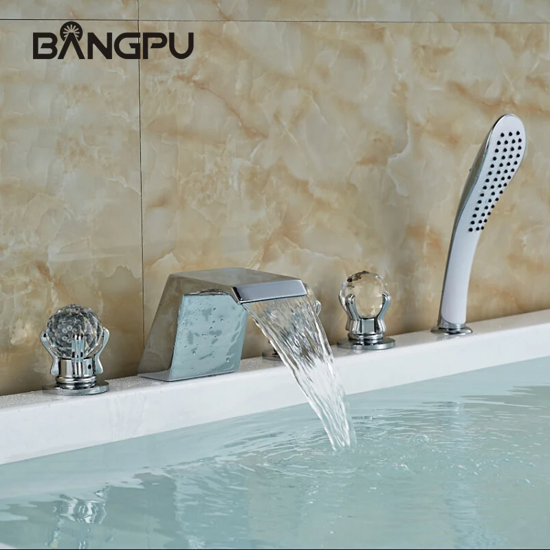 Ensemble de robinets de baignoire cascade modernes avec pulvérisateur, montage sur pont, ensemble de robinets de baignoire à 5 trous, robinet de baignoire romaine avec douchette à main chromé