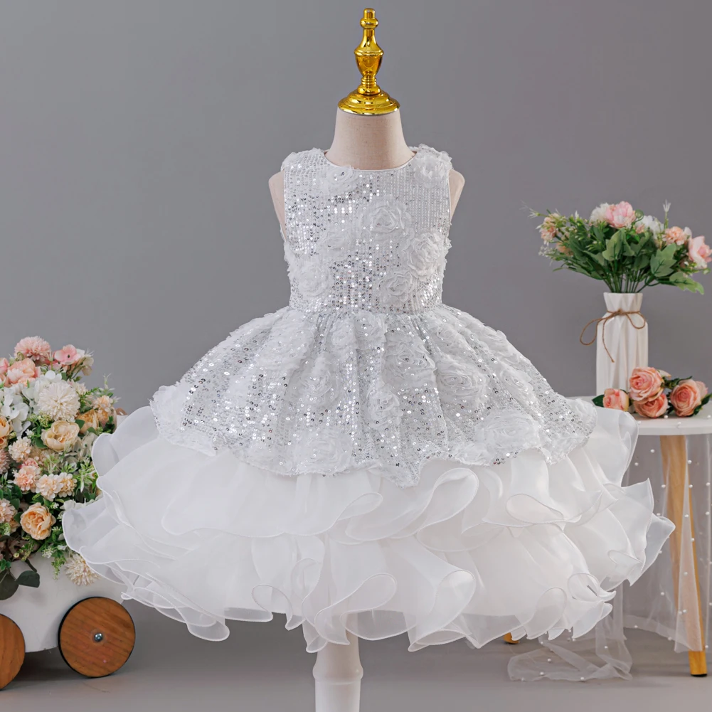 HETISO Children's Birthday Flower Dress Sequins Girls Host Princess Sleeveless Ball Gown for Piano Performance Christmas