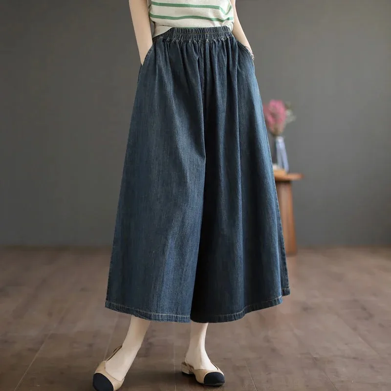 Women's Plus Size Denim Culottes Elastic Waist Loose Fit Wide Leg Casual Cropped Pants