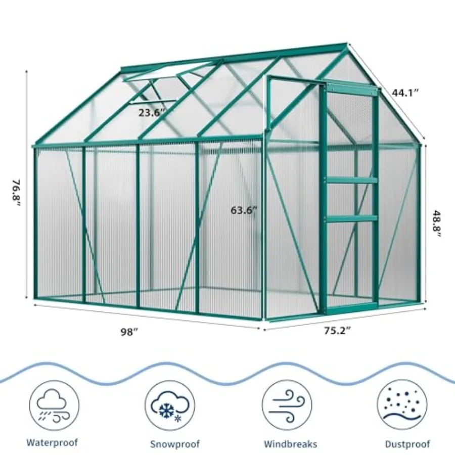 Outdoor 6x8ft greenhouse for backyard patio use, polycarbonate panels with aluminum frame, green color, sliding door and adjust