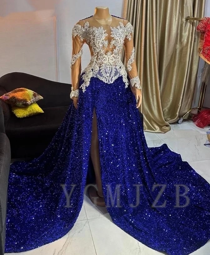 

Sequined Royal Blue Prom Dresses Rhinestones Silver Beaded Long Sleeves with Slit Birthday Party Graduation Formal Evening Gowns