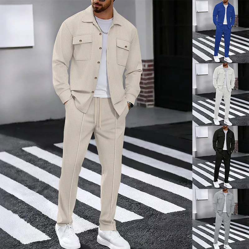 

2026 spring and autumn new waffle long-sleeved trousers two-piece set solid color double pocket tooling cardigan shirt set