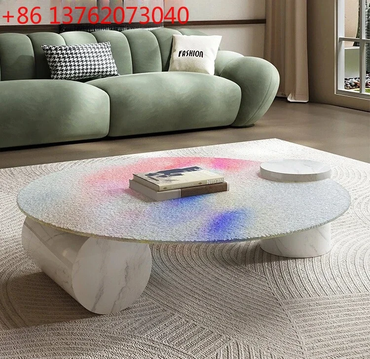 Italian light luxury marble colored water wave glass coffee table modern simple living room designer creative round tea table