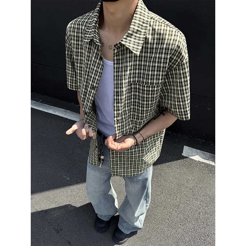 

Summer Short Sleeved Shirt Men Large Size Fashion Retro Plaid Shirt Mens Streetwear Korean Loose Vintage Casual Shirts Men's 5XL