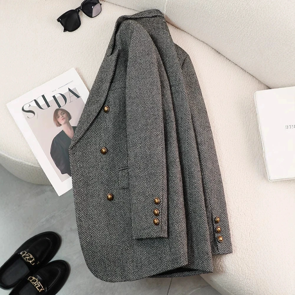 High Quality Stripe Woolen Blazer Women Spring Autumn Jacket Double Breasted Long Sleeve Business Formal Jacket Female Outerwear