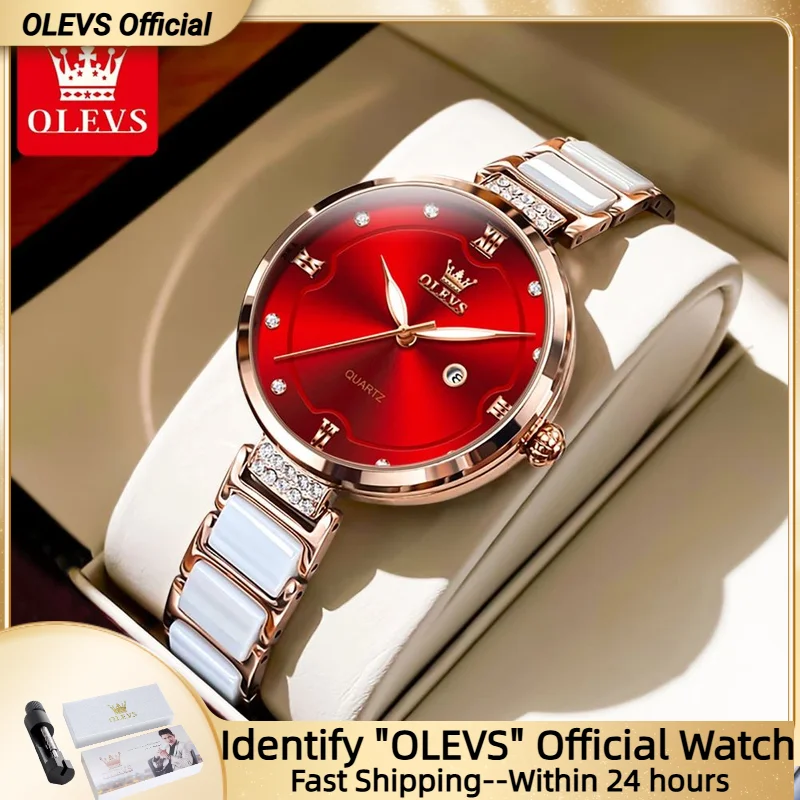 OLEVS Original Watch for Women Ceramic Stainless steel Strap Luxury Brand Elegant Ladies Watch Women's Bracelet Wristwatch Set