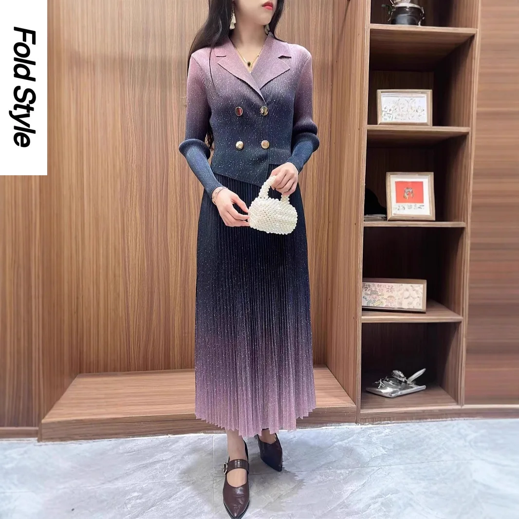 

Miyake Gradual Change Pleated Skirt Collar Temperament Fashion Women Printing Long Sleeve Dress Versatile Trend High Elasticity