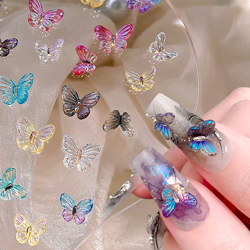 30Pcs Colorful Aurora Butterfly Nails Decoration Jelly Resin Butterfly Decals Nail Charms Manicure Butterfly Parts