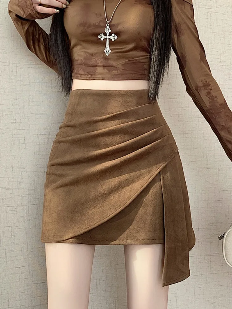 Falda asimétrica de terciopelo de piel de ciervo para chica picante, falda ajustada con diseño de otoño e invierno para mujer