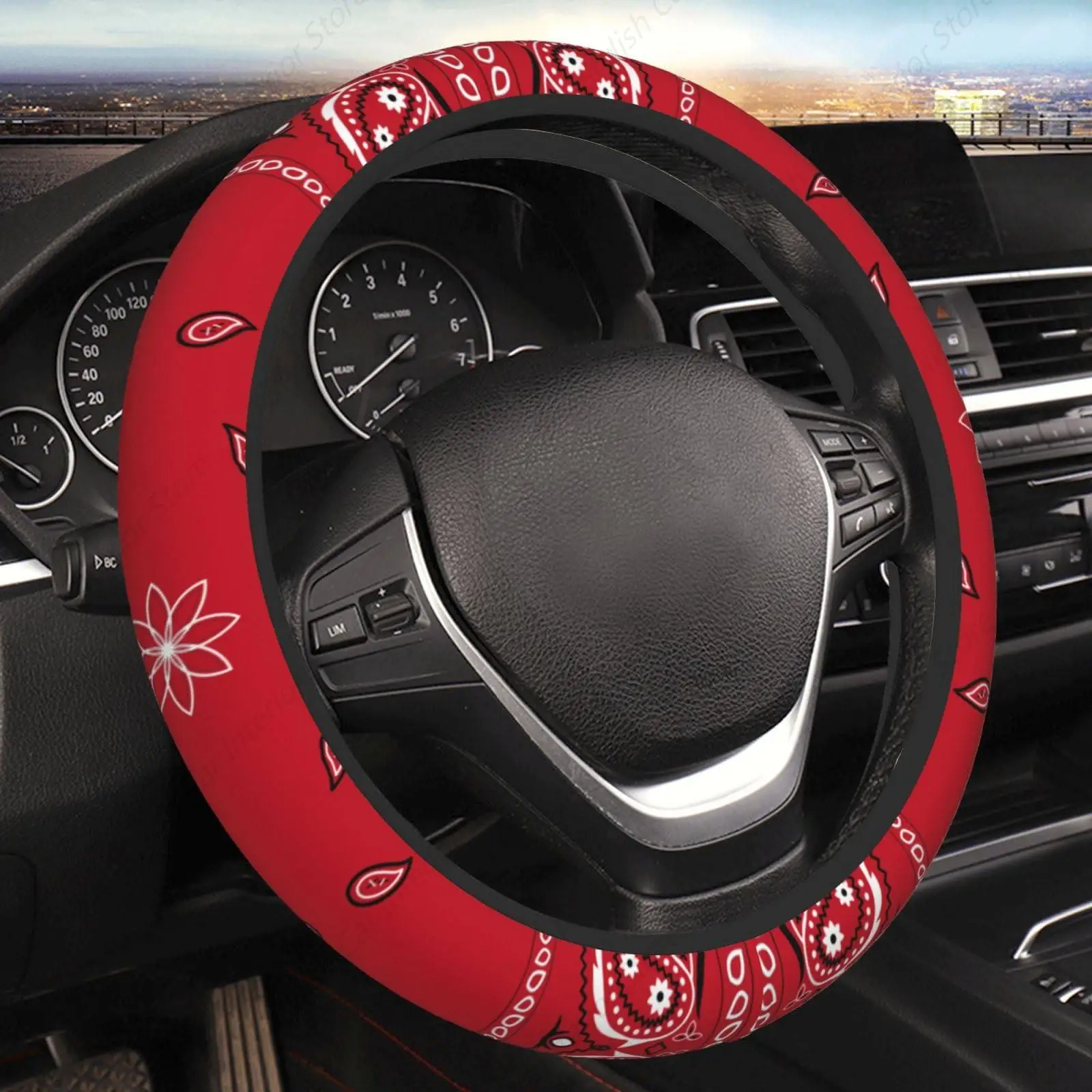 Black Border Red Bandana Colorful Paisley Bandanna Steering Wheel Cover Non-Slip Auto Steering Wheel Protector Car Accessories