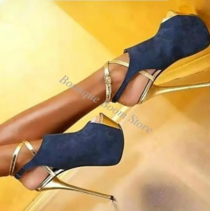 Summer Red Navy Blue Suede Gold Strap Platform Sandals Super High Heels  Ankle Strap Peep Toe Stage Performance Woman Shoes view 4