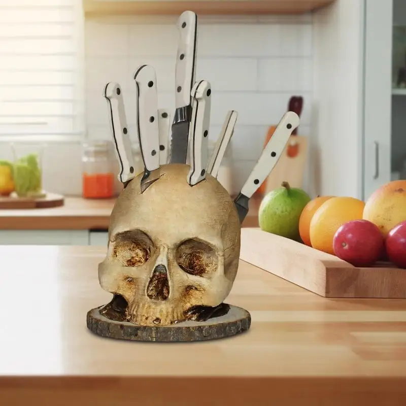 Kitchen Knives Holder Skull Skeleton Knives Stand Scary Party Storage Rack Decoration Horror Head Rack Knives Organizer