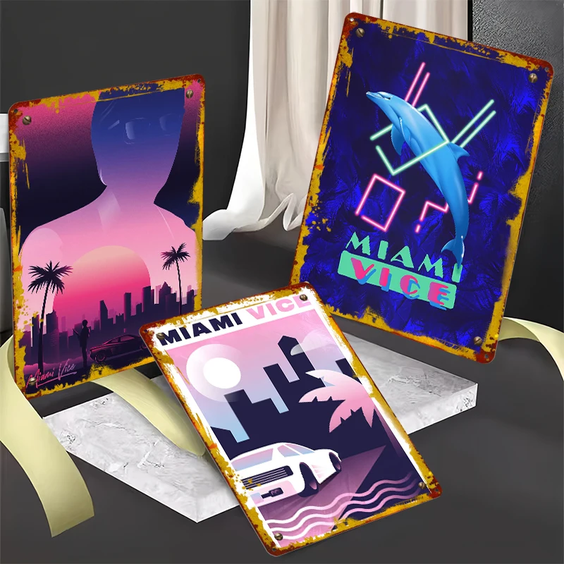 Miami Vice Printed Posters Customizable Wall Art Retro Vintage Metal Tin Signs for Home Room Office Decoration Gaming Desk Decor