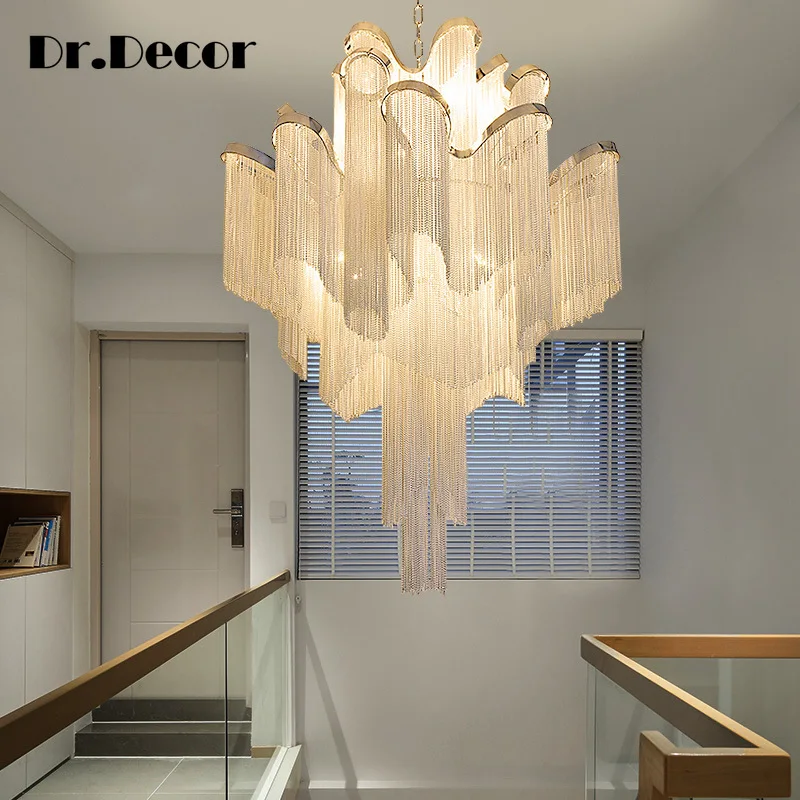 Italy Designer Stream Luxury Tassel Chandelier Aluminum Chain Living Room Duplex Loft Villa House Decor Lighting Fixtures