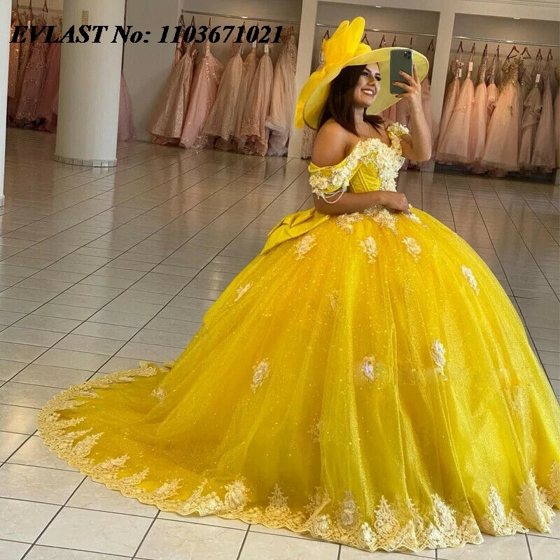 EVLAST مخصص الكرة الصفراء ثوب Quinceanera فستان ثلاثية الأبعاد الأزهار الدانتيل زين مطرز القوس مشد الحلو 16 Vestidos De Anos SQ399