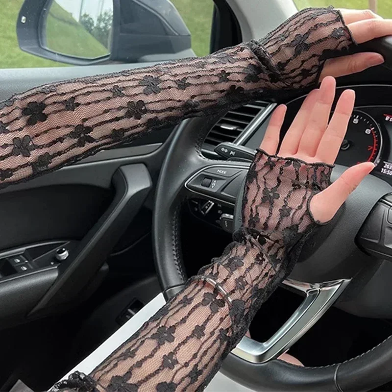 แฟชั่นถุงมือลูกไม้ยาว Hollow-Out Fingerless ถุงมือผู้หญิงแขนป้องกันดวงอาทิตย์ตาข่ายลูกไม้บางมือขี่จักรยานถุงมือถุงมือ