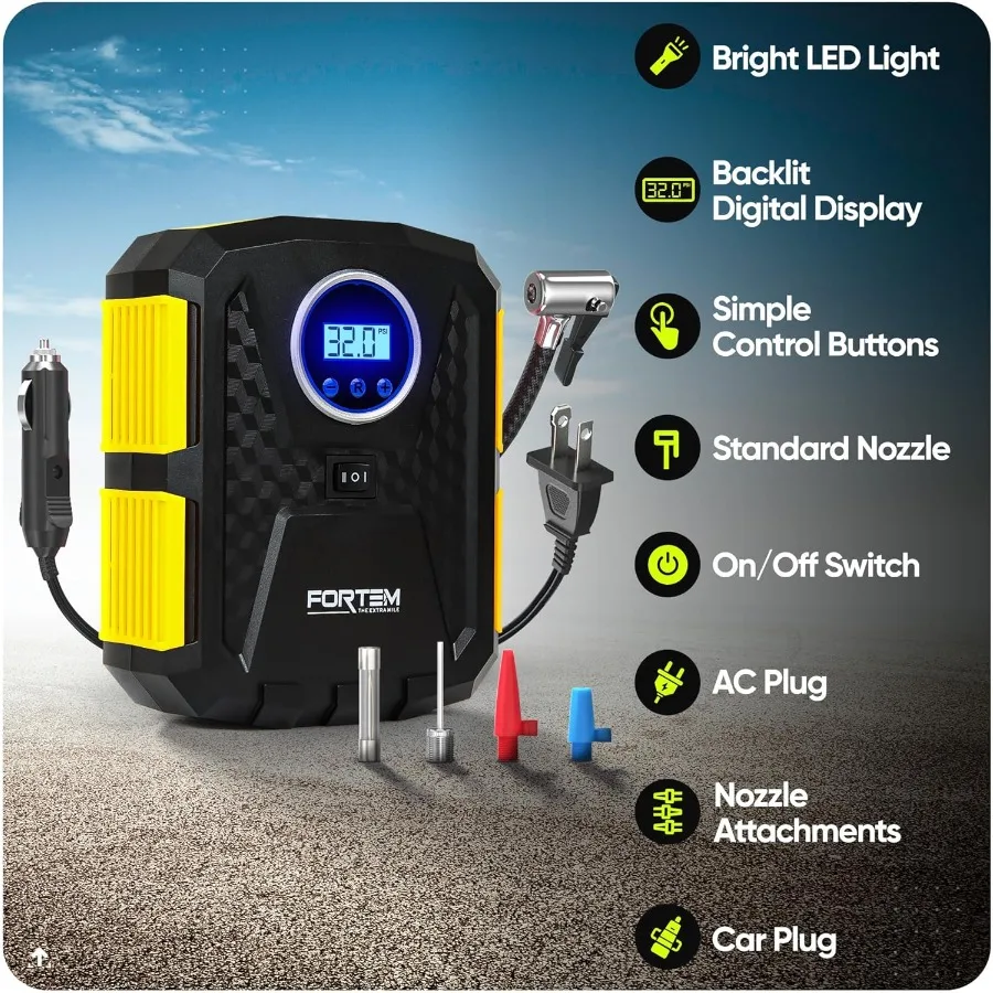 ضاغط هواء كهربائي محمول 12 فولت لإطارات السيارات والدراجات حتى 150 رطل لكل بوصة مربعة مع ضوء LED مقياس ضغط الإطارات الرقمي Featuri