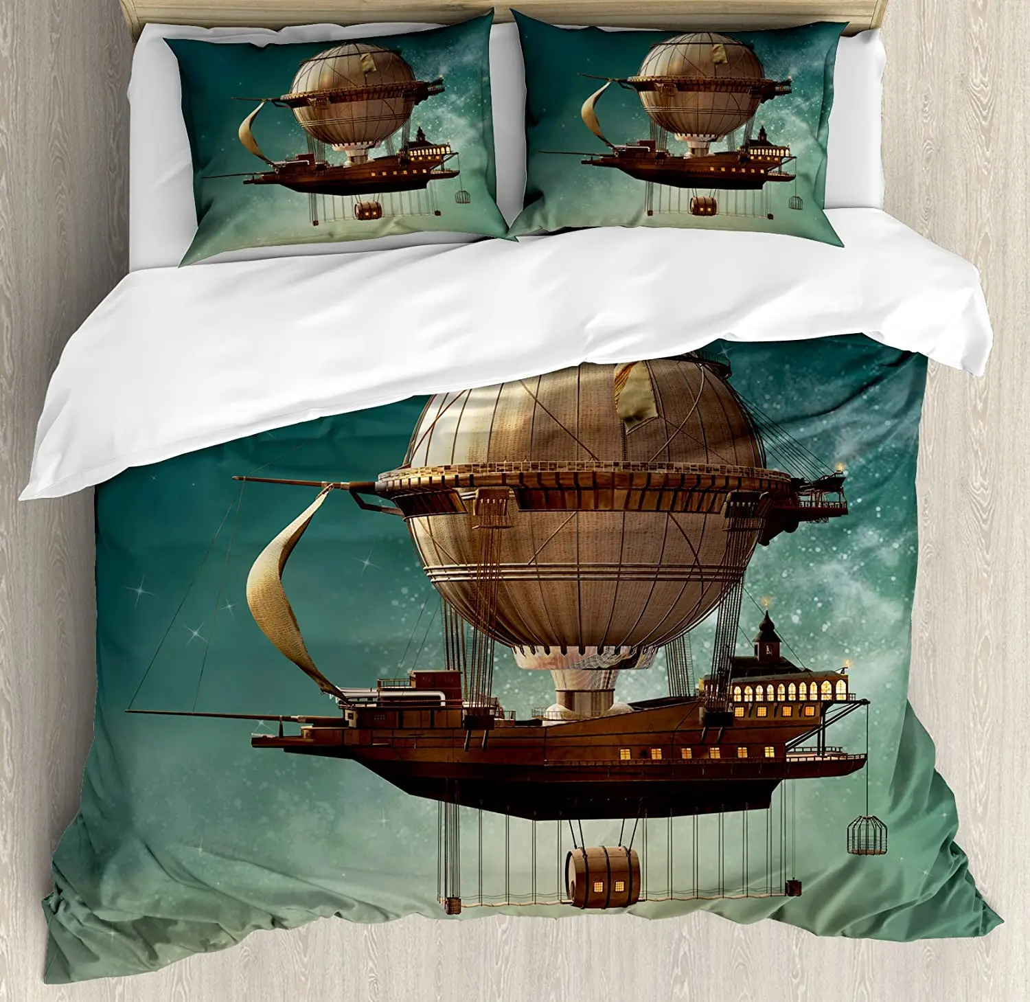 

Fantasy Decor Bedding Set Comforter Duvet Cover Pillow Shams Surreal Sky Scenery with Steampunk Air Bedding Cover Double Bed Set