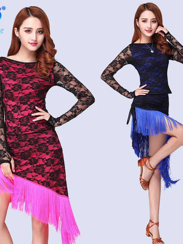 

Latin Dance Suit Split Tassel Skirt Suit Chacha Dance Training Suit Lace Long Sleeve Training Suit Stage Performance Suit