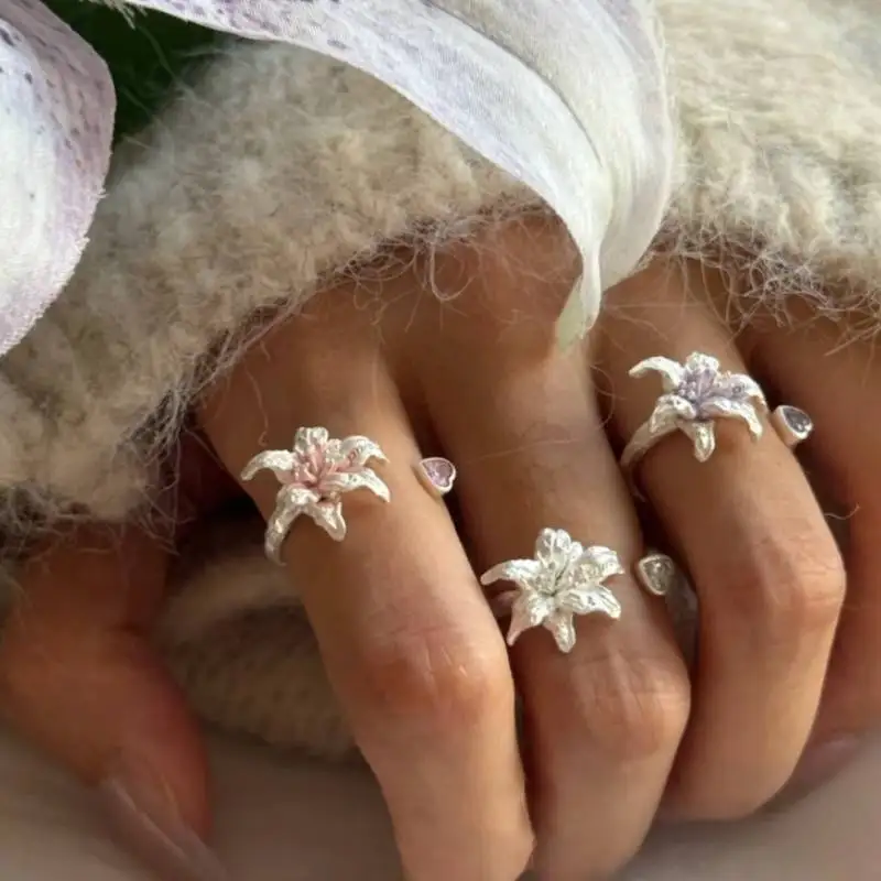 

New Chinese Style Silver Flower Open Ring Trendy Cold Elegant Temperament Adjustable Finger Ring Women Luxury Jewelry