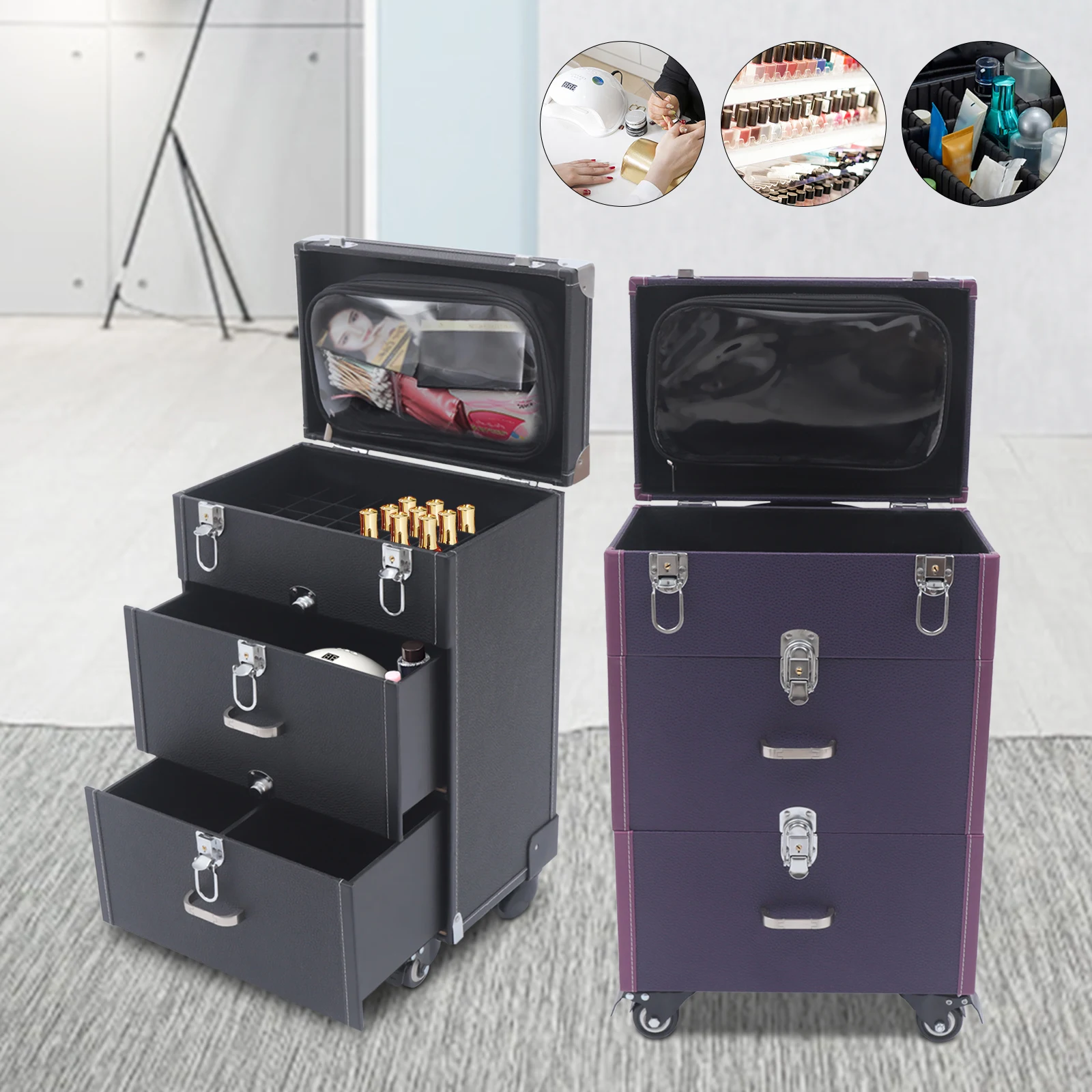 

Purple/ Black Rolling Makeup Case Cosmetic Trolley Travel Nail Polish Storage Organizer PU+PVC+Zinc Alloy 3-Tier