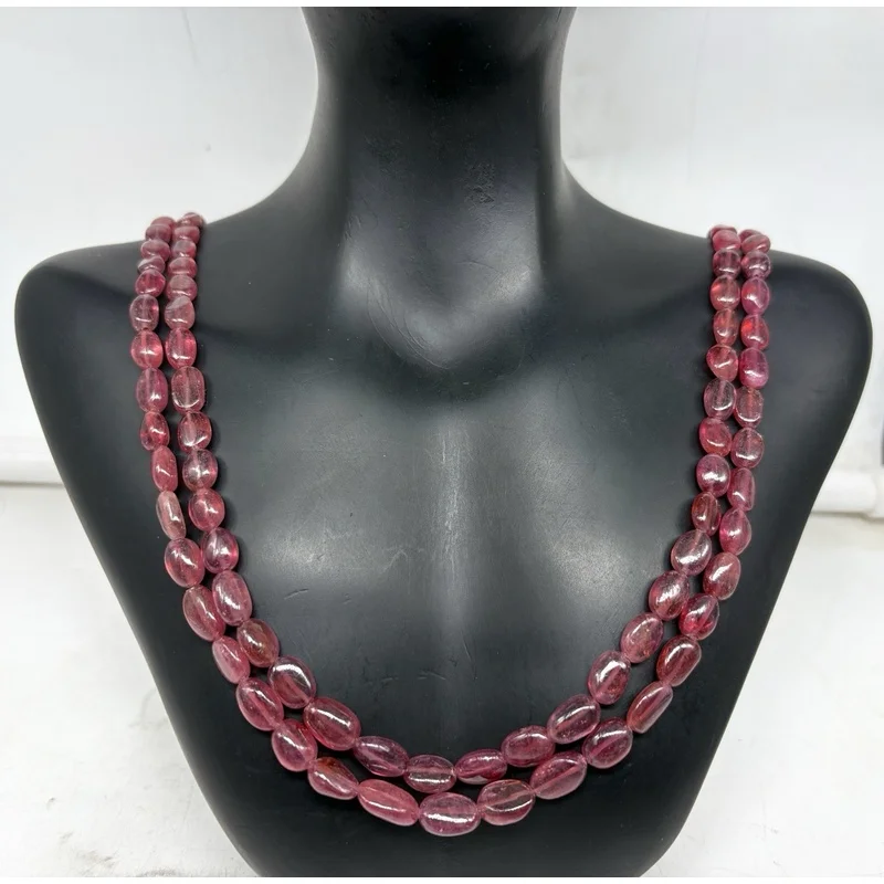 Double Strand Ruby Oval Necklace 8-10mm Smooth Beads Sterling Silver