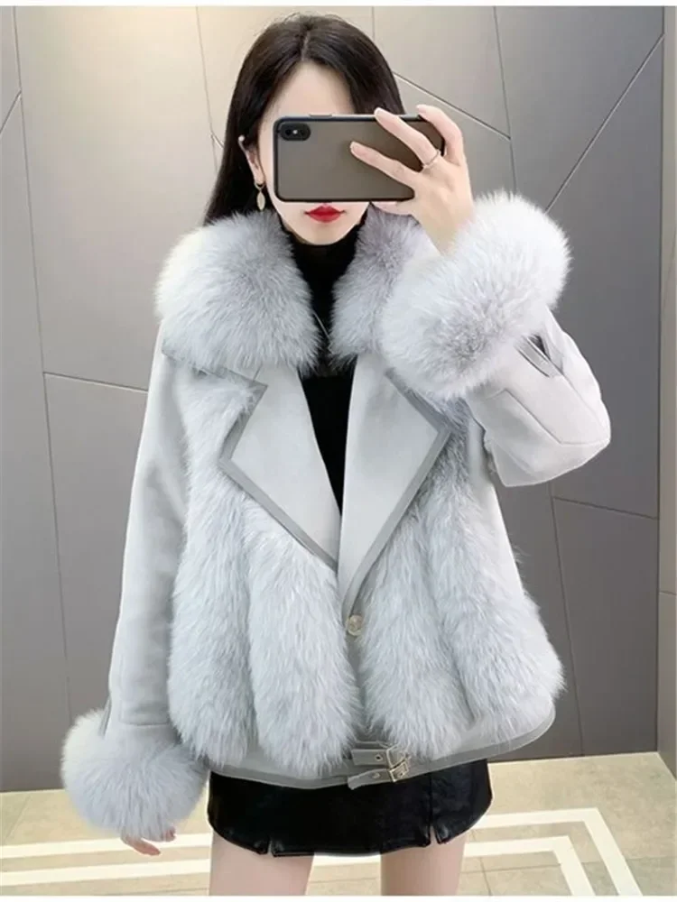 2025. Outono/inverno casaco feminino camurça imitação de pele de raposa casaco de grama feminino haining moda casacos de uma peça feminino