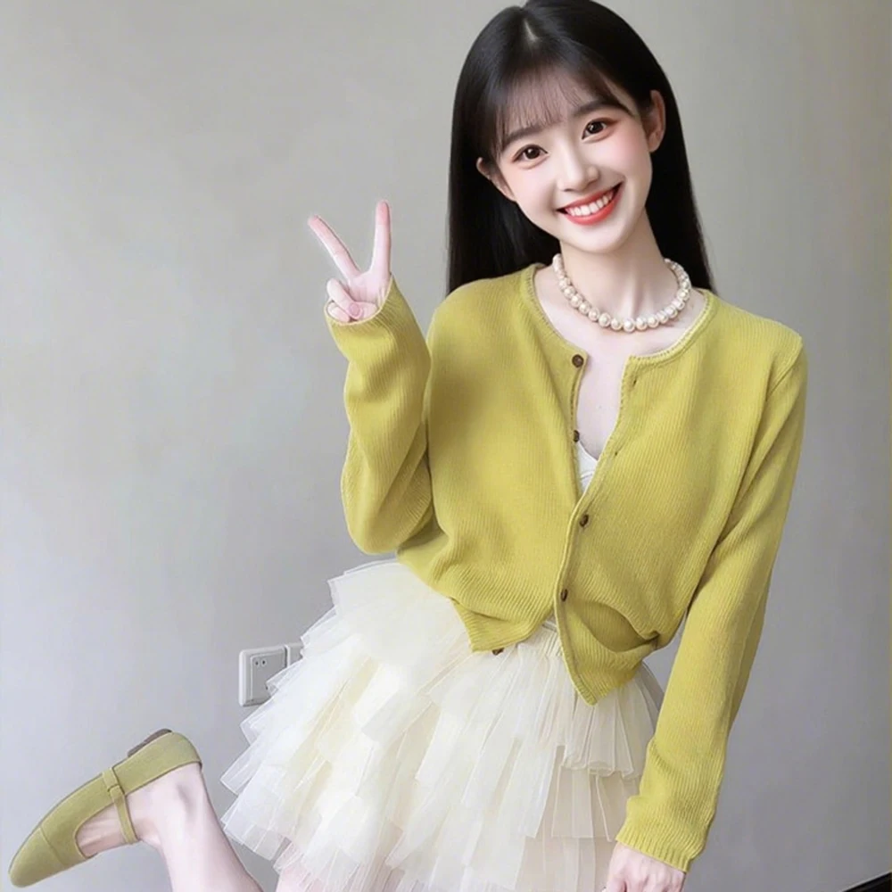 

Women New Yellow Green Knitted Cardigan Early Spring Autumn New Thin Style Slim Fit Short Sweater Single Breasted Round Neck Top