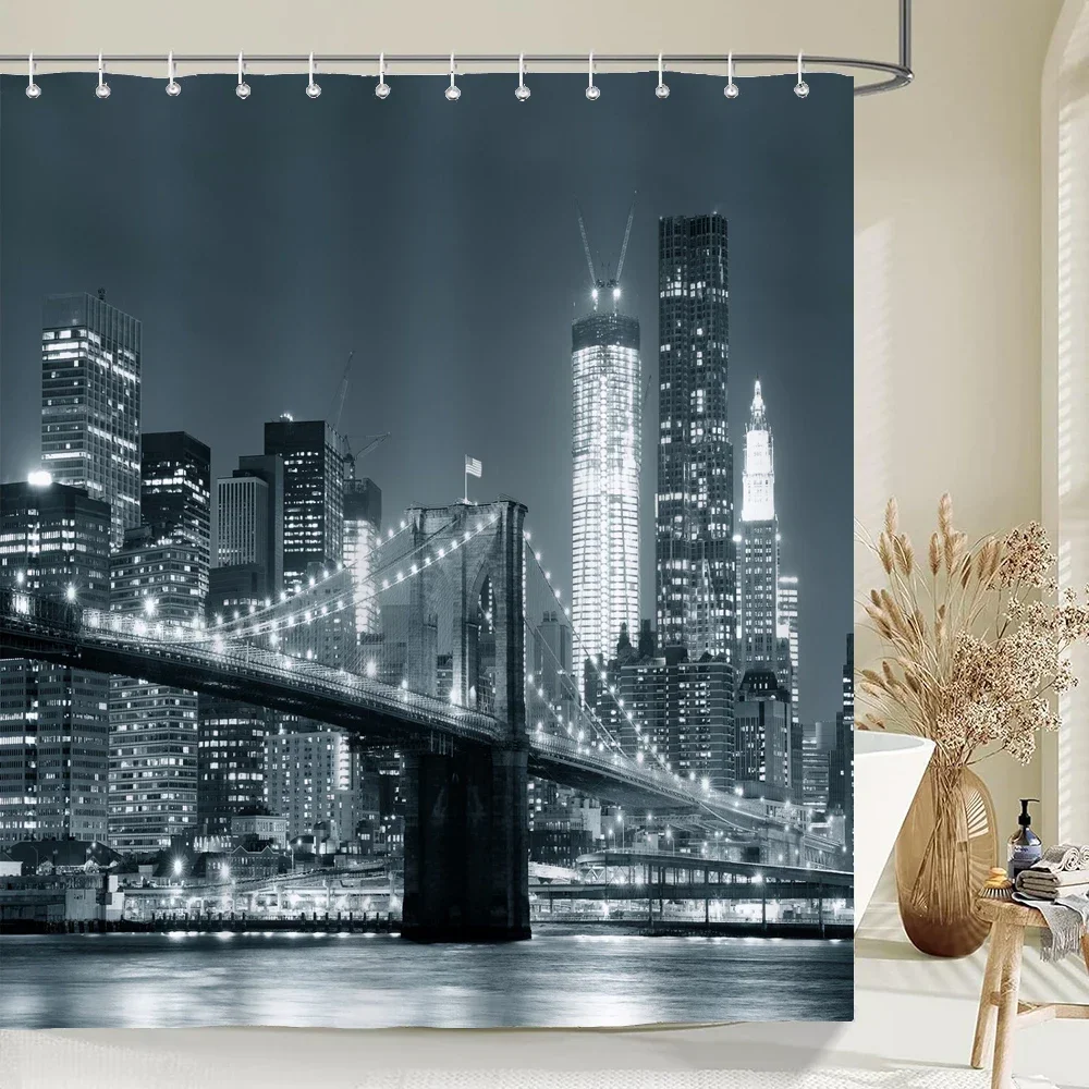 New York Night Landscape Shower Curtain City Bridge Building Bath Curtains 3D Retro Black White Photo Bathroom Decors Curtain