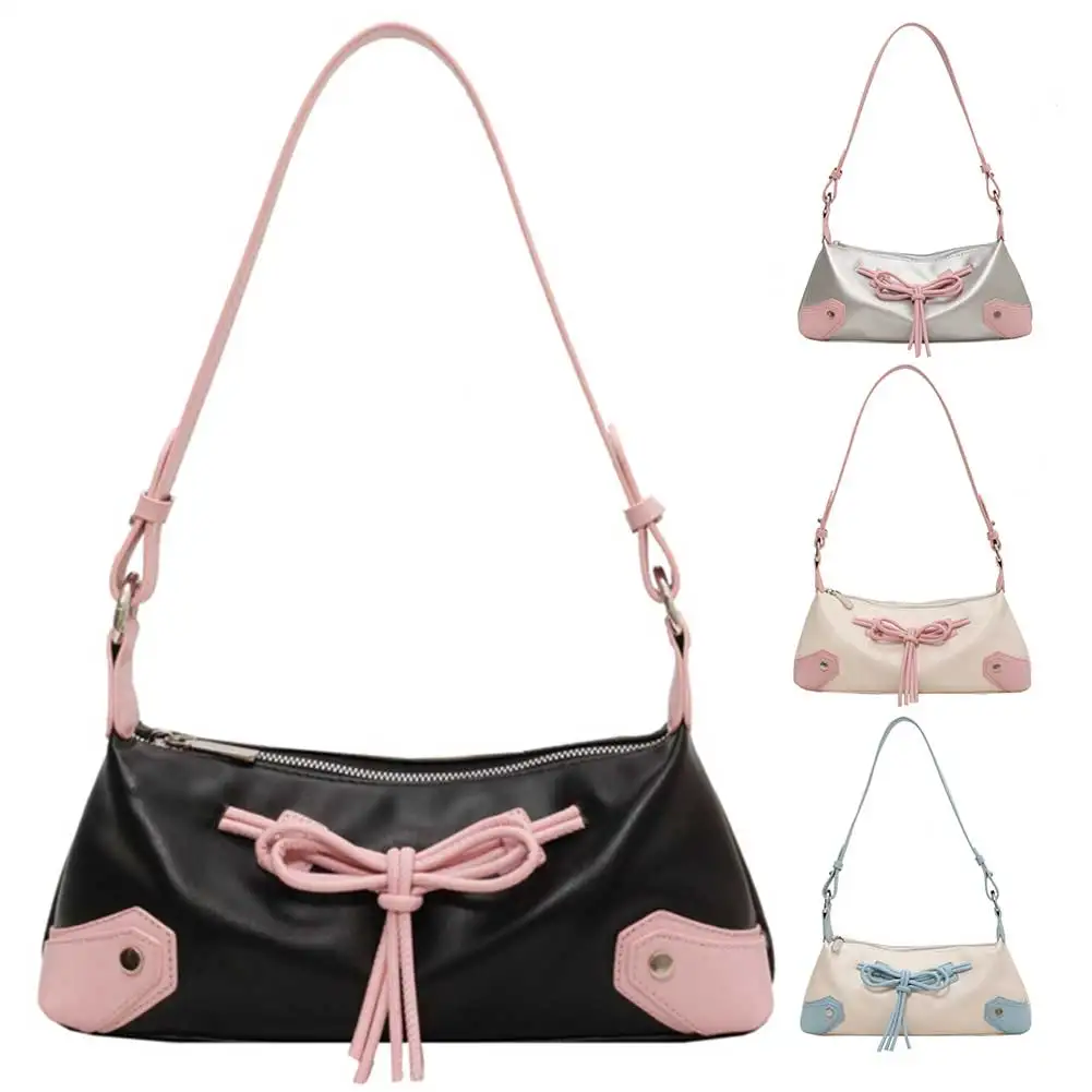 Bolsa crossbody de couro PU para mulheres e meninas, laço chique, bolsa de embreagem de cores contrastantes, compras, namoro, Y2K