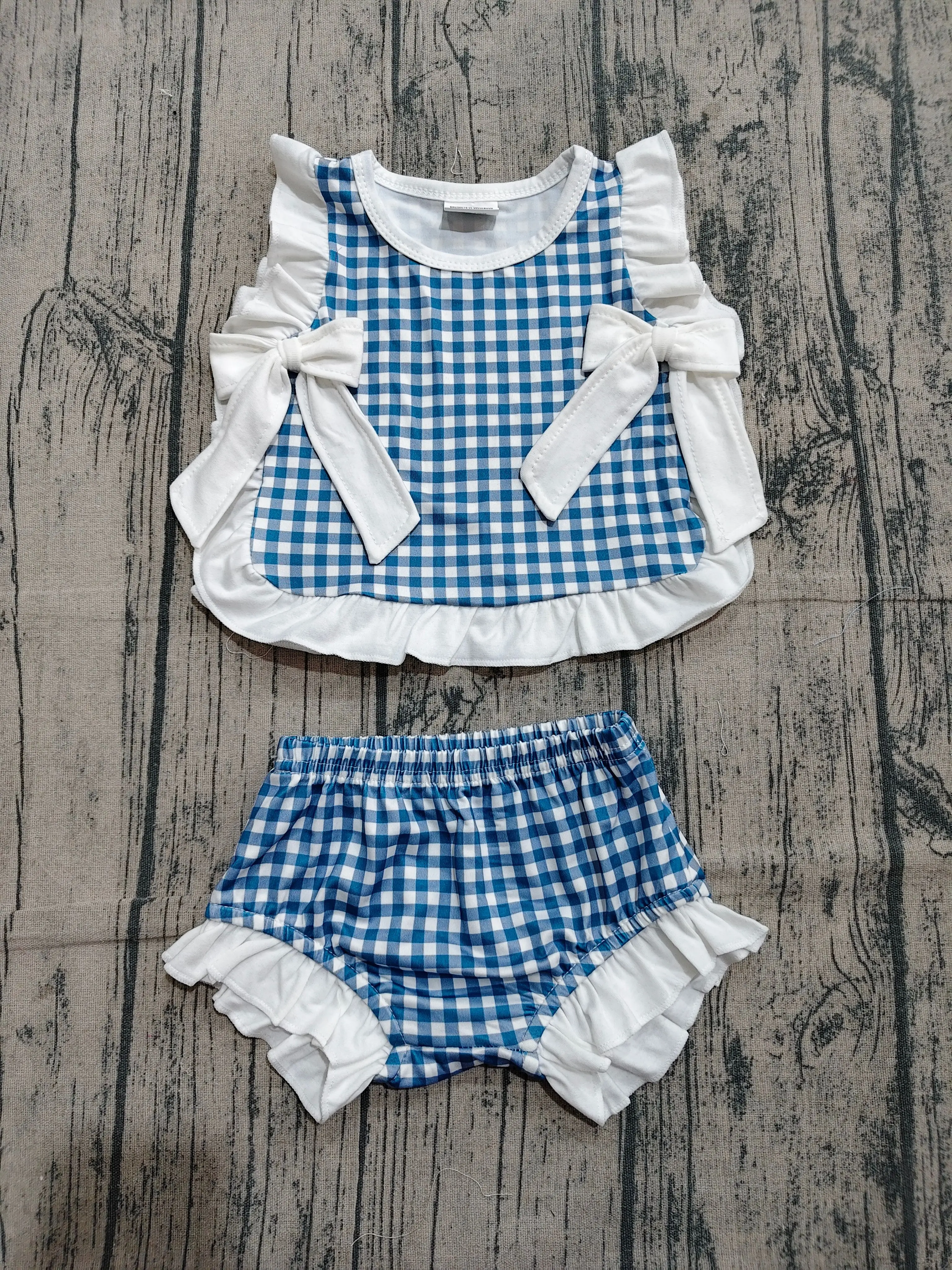 Wholesale Infant Baby Girl Blue Plaid Outfit Toddler Kids Short Sleeves Bows Tunic Set Bummie Shorts Children Summer Clothing