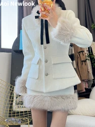 Fashion Elegant Quilted Suit Women's 2023 Fall/Winter Removable Fur Collar Slim-Fit Coat+Skirt Academic Style Warm 2-Piece Set