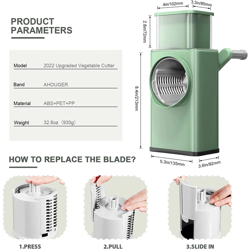 LMETJMA New Rotary Vegatble Grater Manual Mandoline Slicer With 3 Drum Blades Kitchen Vegetable Slicer Grater Cutter KC0447