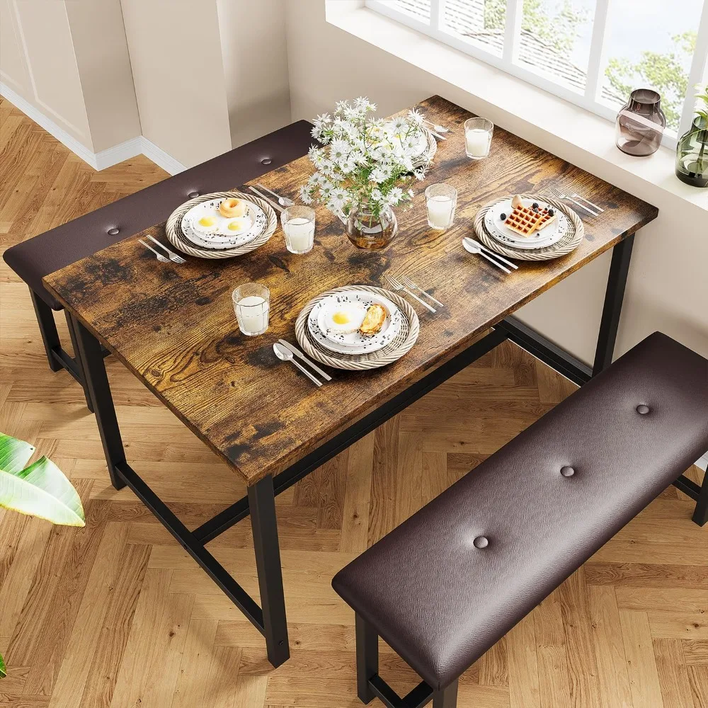 Kitchen Table with Benches, Dining Table Set for 4, Rectangular Dining Room Table Set with 2 Upholstered Benches, 3 Piece Kitche