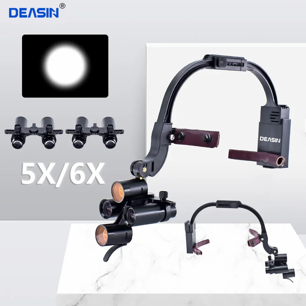 DEASIN 5X/6X Dental LED Headlight Binocular/Kepler Loupes Headband Adjustable 5W Dentist Surgical Headlamp Dentistry Magnifier