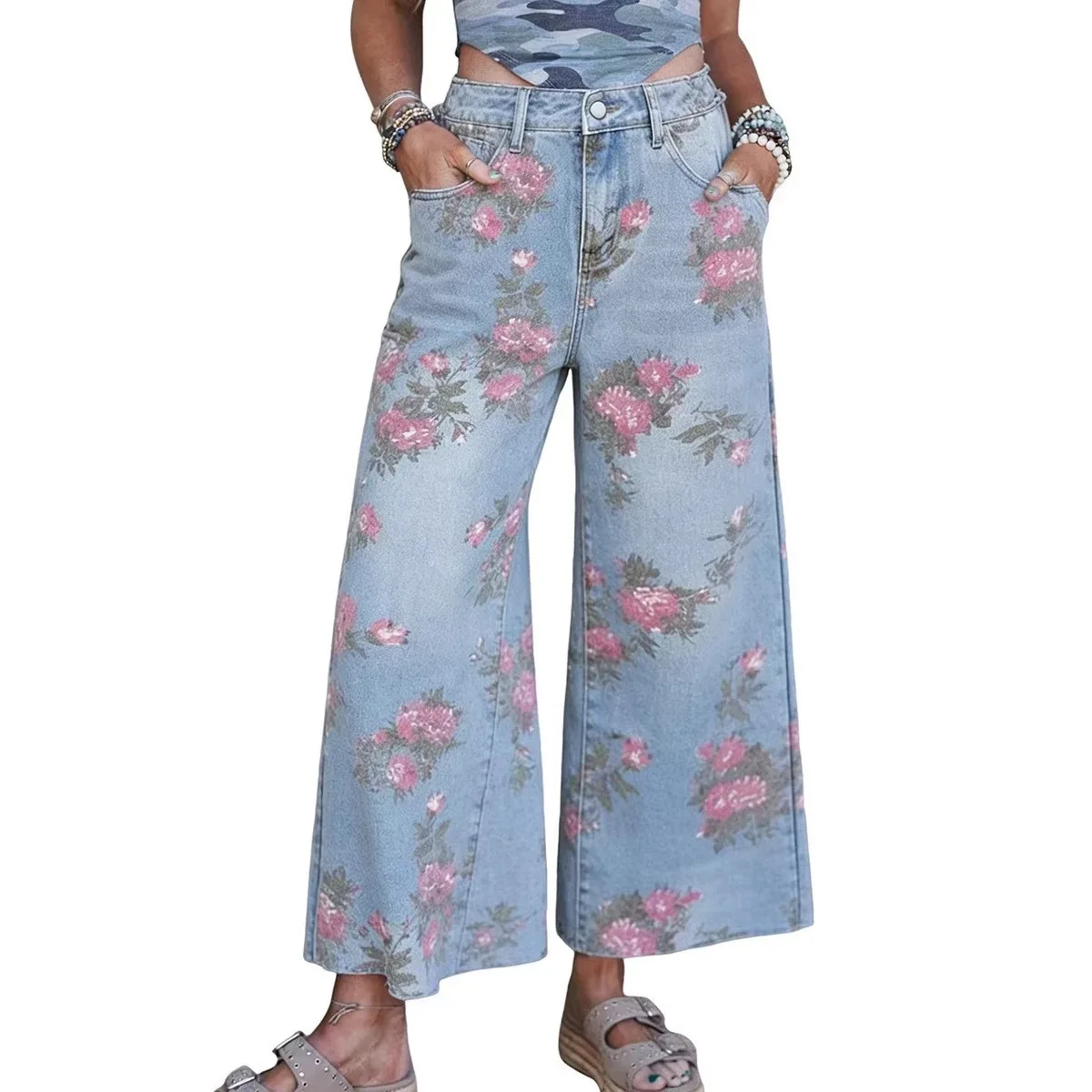 Y2K Retro Floral Print Wide Leg Cropped Jeans Women 2000s Style Light Blue High Waist Baggy Denim Pants