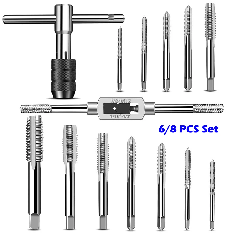 6/8 PCS Manual Tap Wrench Set HSS Right Tapping Drill Bit Thread Punching Tool External Thread Making Steel Screw Tab Hand Tools