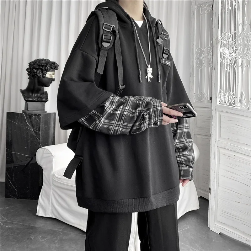 Fake Two-Piece Hoodie Women's Loose Fit Gingham Hooded Sport Top Ins Hong Kong Style Retro Casual Spring and Autumn
