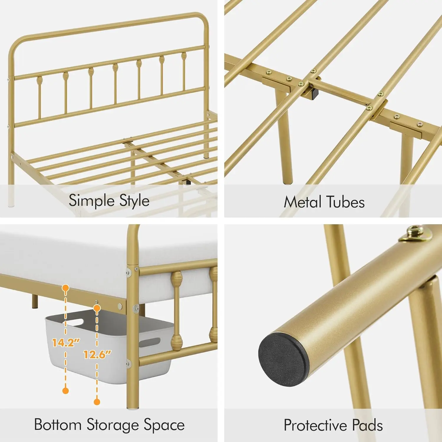 Classic Metal Bed Frame Base de colchão Cabeceira de ferro forjado Apoio para os pés Espaço de armazenamento sob a cama Não há necessidade de molas