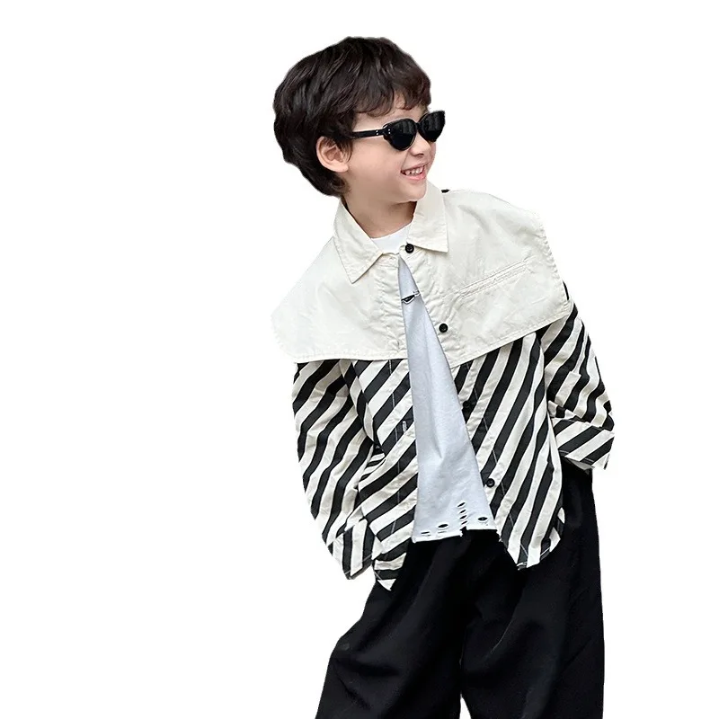 

Boys' Foreign Style Shirt 2026 Spring New Children's Korean Version Striped Top Medium Children's Spring Lapel Shirt Tide