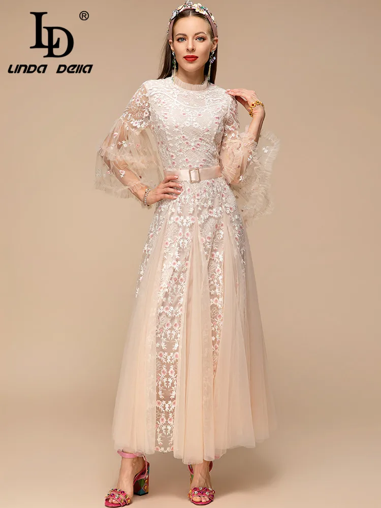 LD LINDA DELLA New 2023 Spring Summer Fashion Women Gorgeous Elegant Big Swing Long Dress Sashes Mesh Floral Embroidery Dress