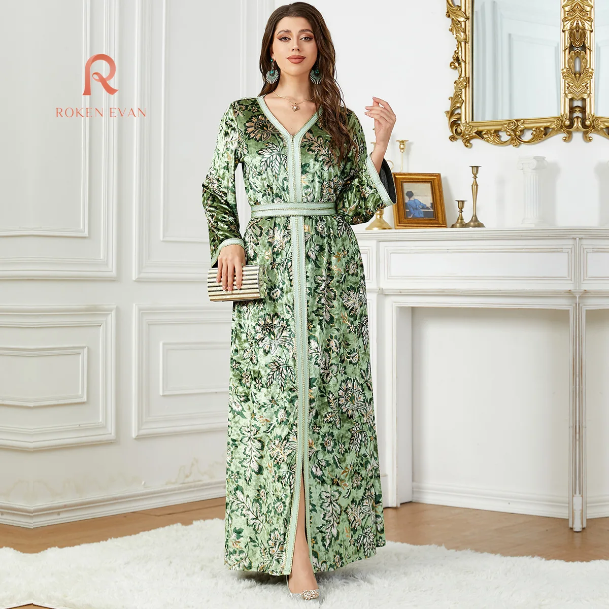 

ROKEN EVAN 2024 Middle East Arab new printed velvet dress Middle East Dubai evening gown Muslim robes