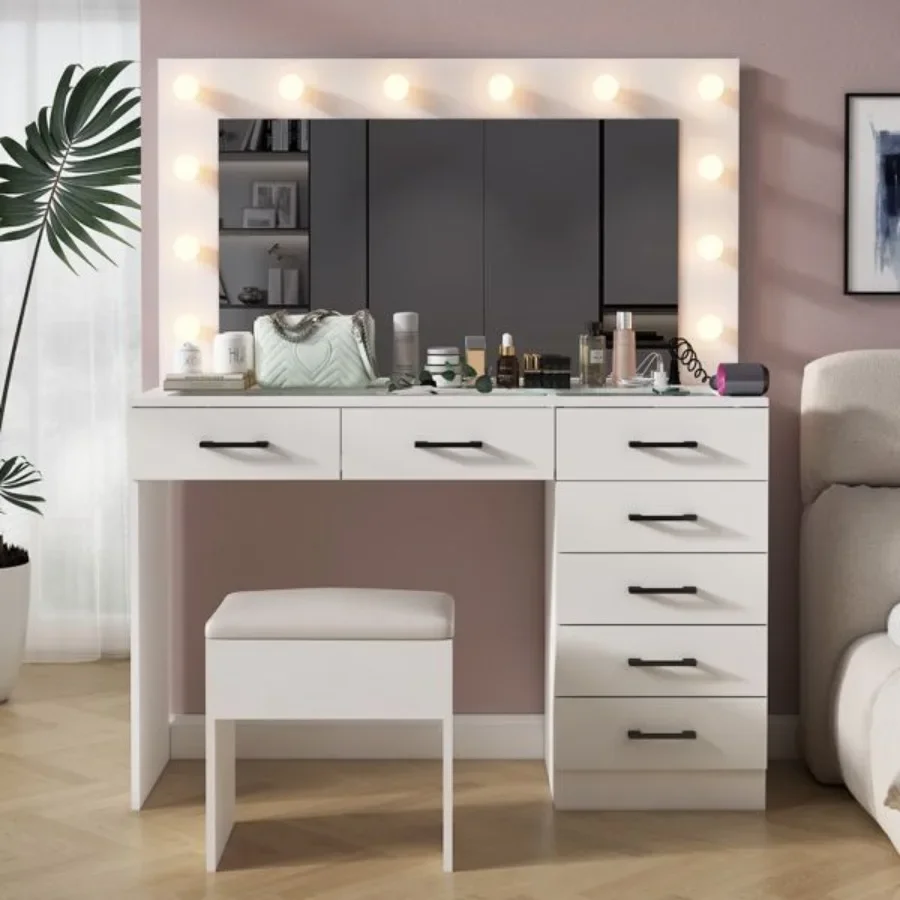 

Vanity Desk Set with Large Lighted Mirror and Powre Outlet Glass Top Makeup Vanity with 7 Drawers Vanity Table with 12 LED Ligh