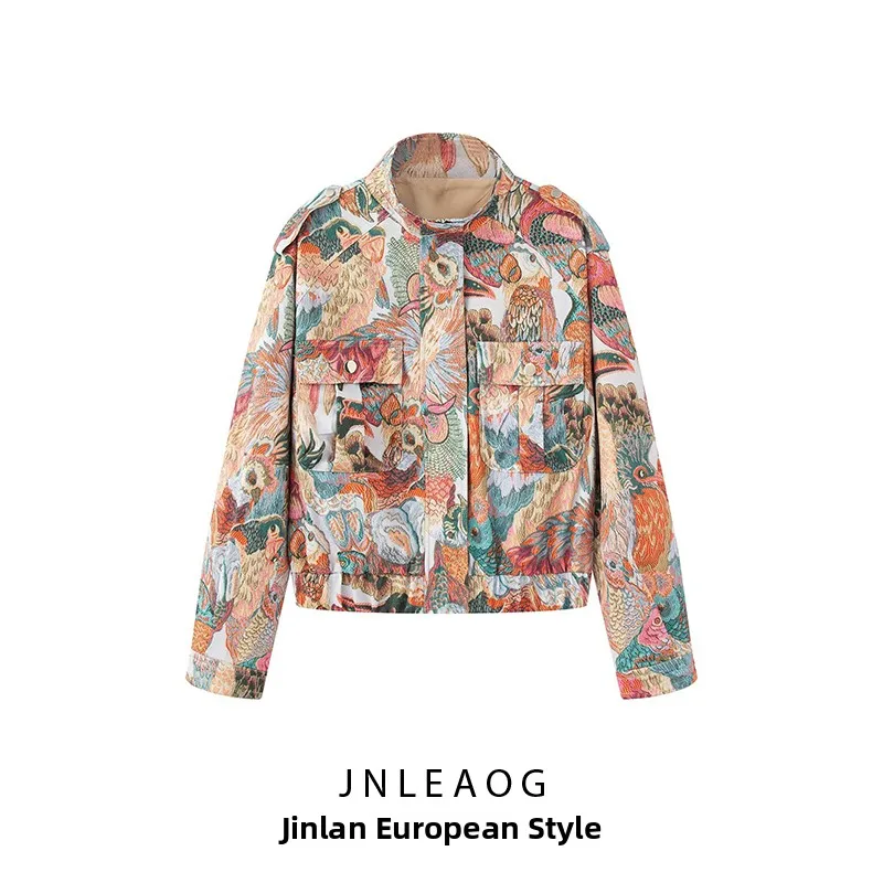JNLEAOG Fashionable Peacock Print Jacket Women's Autumn New Style Loose Fit Polyester Short Outerwear round Neck Button Closure