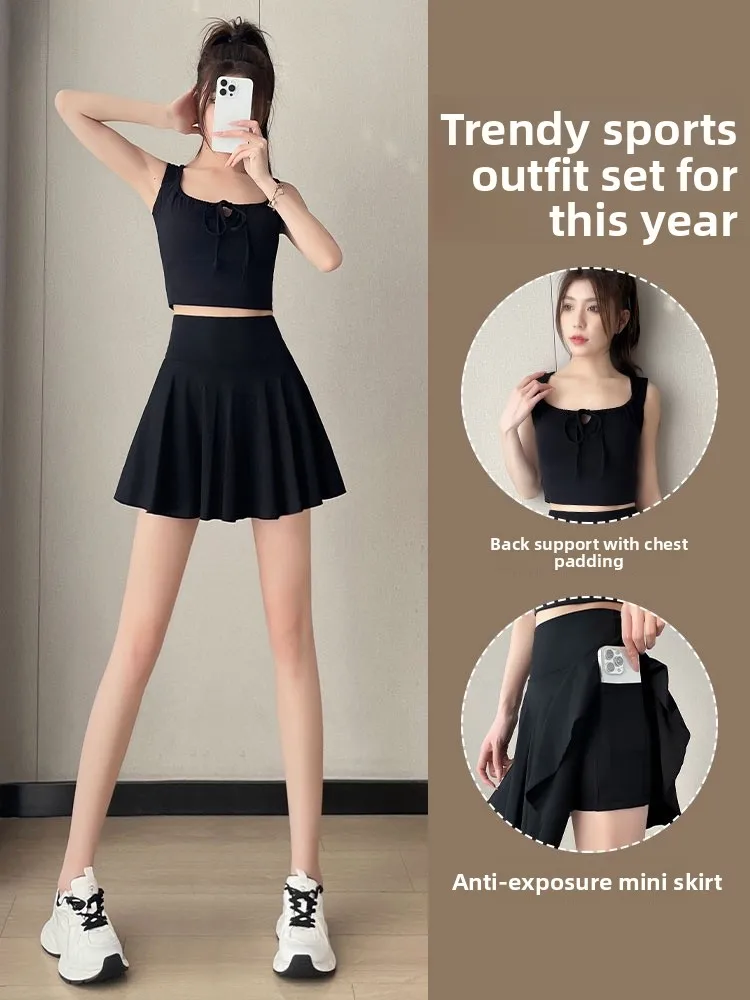 여성용 스포츠 조끼 세트 (가슴 패드 포함 또는 스커트 포함) 배드민턴 또는 퀵 드라이 피트 요가복 나일론 스판덱스 혼방 원형...