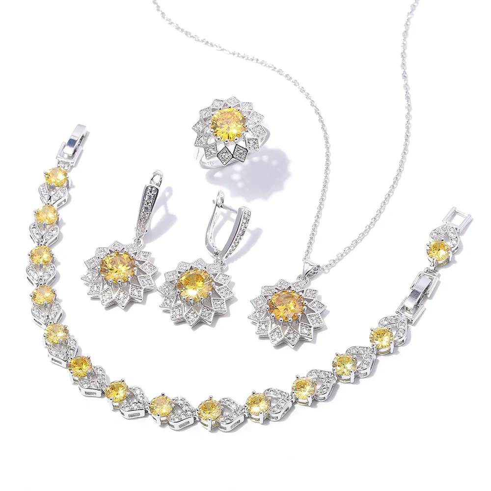 

Round Zircon Jewelry Set Copper Inlaid Zircon Plated White Gold Necklace Earrings Ring Bracelet Set Multi-Color for Daily Wear