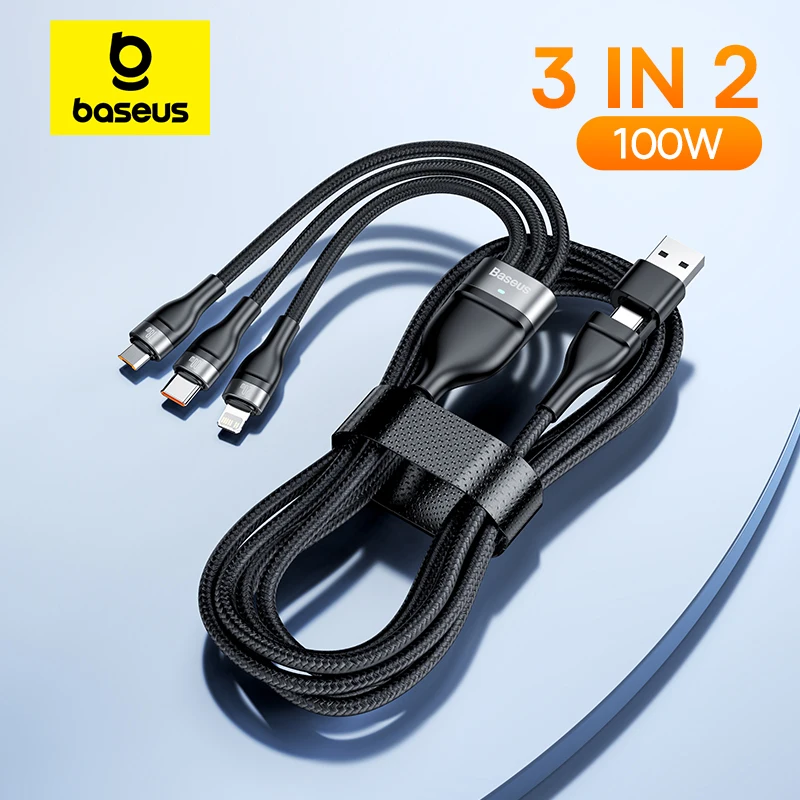 Baseus 100W 3 in 2 USB Cable For Macbook Fast Charging 20W USB Type C  Cable For iPhone 15 14 Pro Max Huawei Honor Xiaomi 13