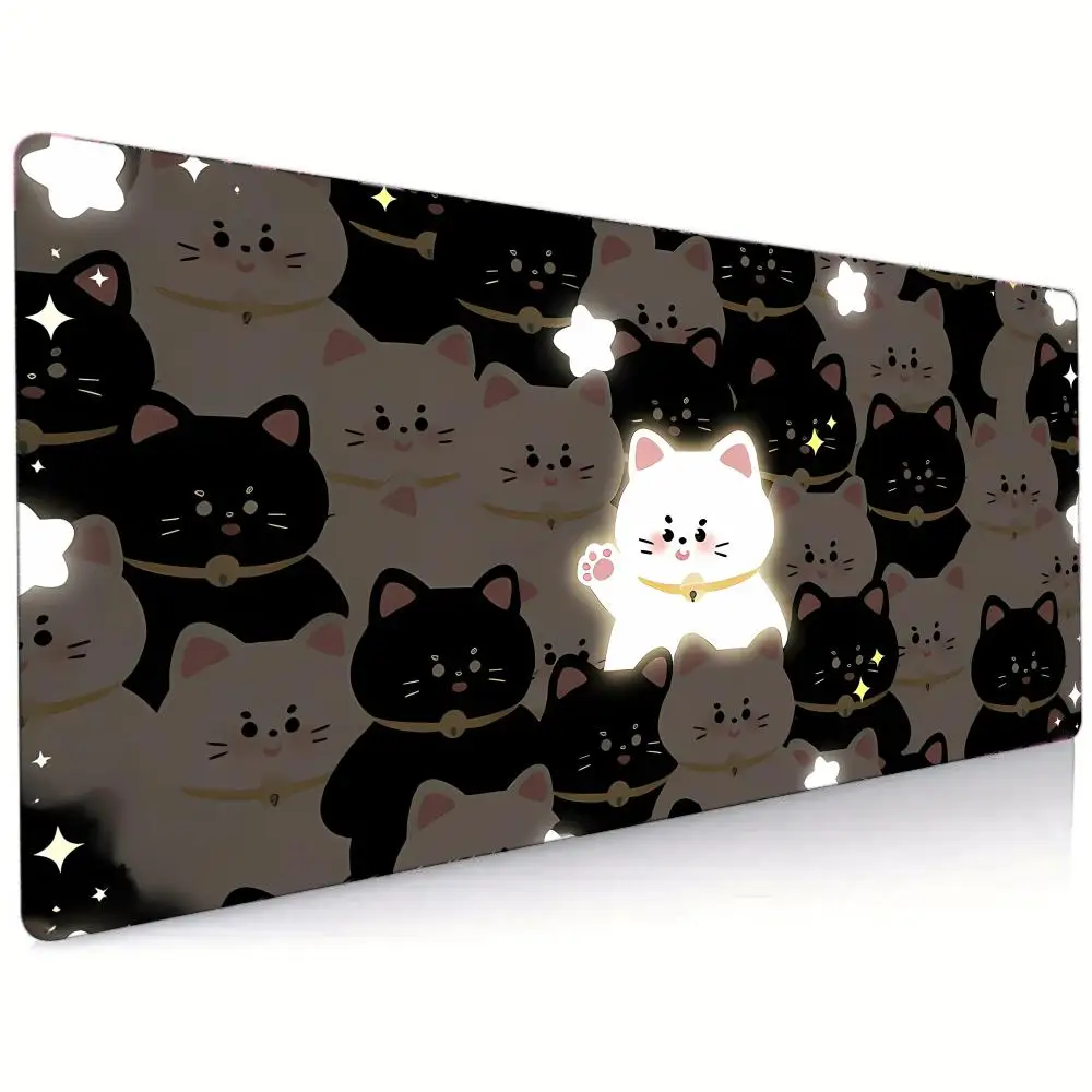 

Glowing Cat Black Large Mouse Pad Big Gaming Mouse Pad Cartoon Keyboard Mat With Lock Edge Office Non-slip Desk Pad For Computer